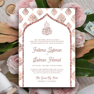 Invitation Arc en Damas doré Rose Blanche pour mariage musulm