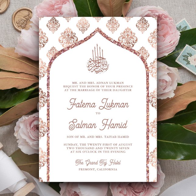 Invitation Arc en Damas doré Rose Blanche pour mariage musulm (Créateur téléchargé)