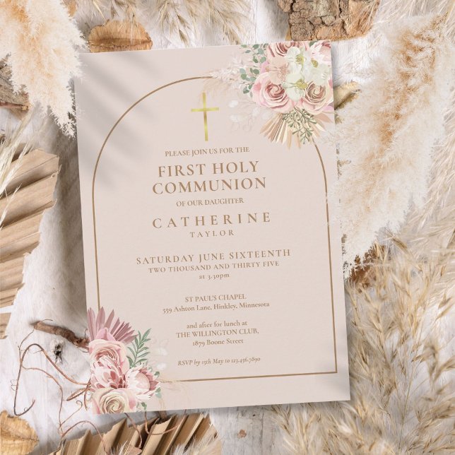 Invitation Arc en or rose Pampas Herbe Première Sainte Commun (Pink Gold Arch Pampas Grass First Holy Communion Invitation)