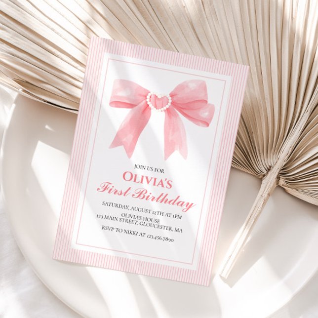 Invitation Arc en rose et rayures Coquette 1er anniversaire (Créateur téléchargé)