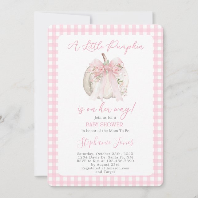 Invitation Arc en rose Un petit bébé citrouille Shower fille (Devant)