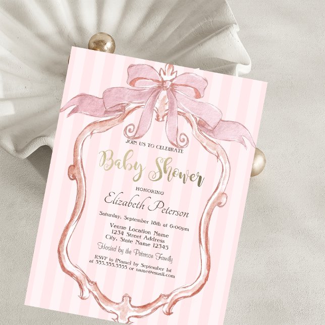 Invitation Arc en ruban rose chic Cadre rétro Fête de bébé ra (Créateur téléchargé)
