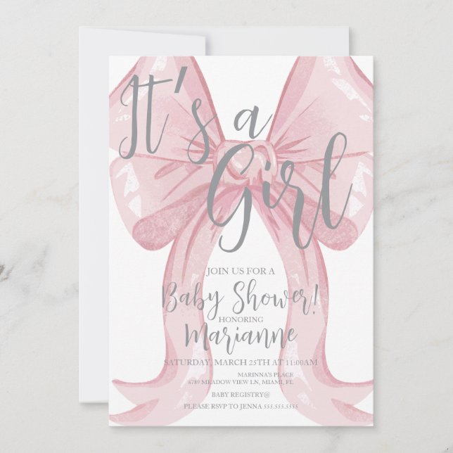 Invitation Arc en ruban rose pour Baby Shower fille    (Devant)