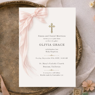 Invitation Arc en ruban rose pour baptême