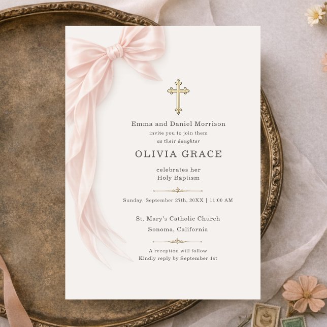 Invitation Arc en ruban rose pour baptême (Créateur téléchargé)