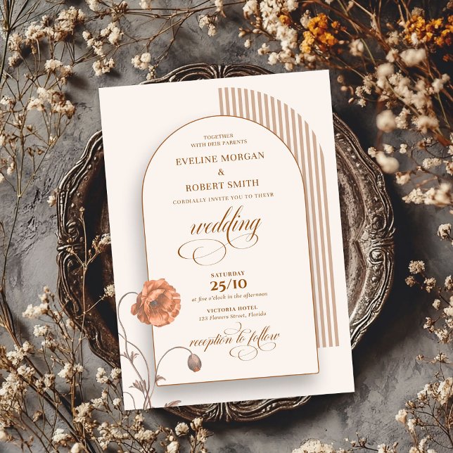 Invitation Arc en terre cuite boho tendance fleurs ivoire bru (Trendy boho arch terracotta flowers ivory brown invitation)
