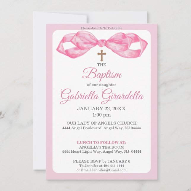 Invitation Arc en watercolor rose & Croix Baptême (Devant)