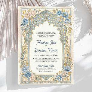 Invitation Arc floral aquarelle bleu mariage indien or