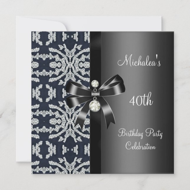 Invitation Arc floral bijou noir blanc argent pour 40e annive (Devant)