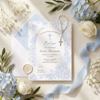 Invitation Arc floral bleu élégant pour baptême