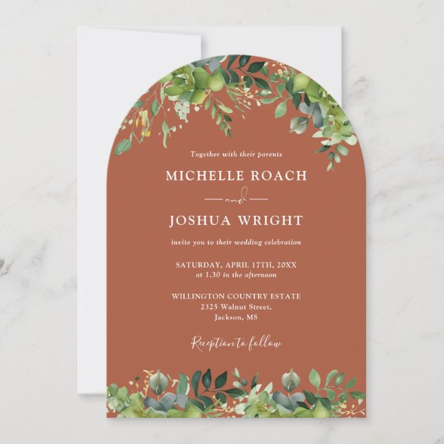 Invitation Arc floral de verdure Monogramme en terre cuite Ma (Devant)