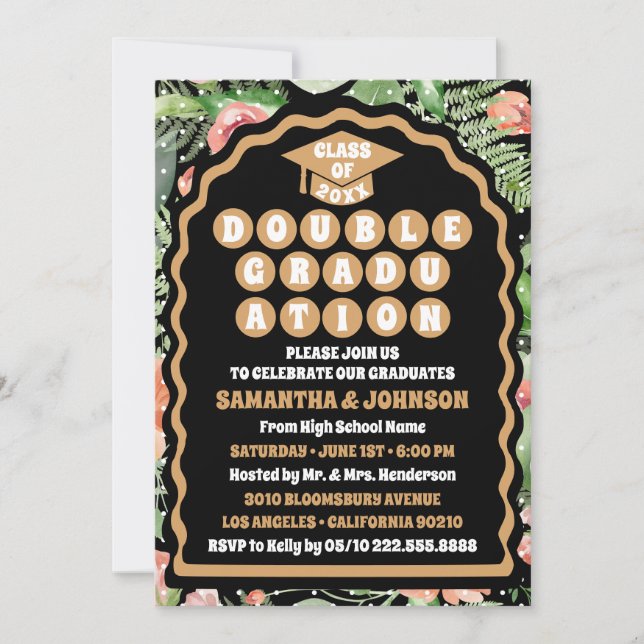 Invitation Arc floral d'or noir moderne double graduation (Devant)