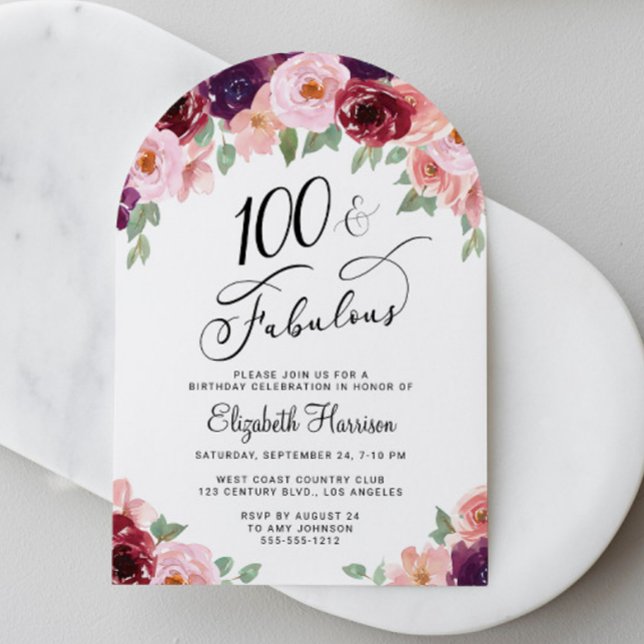Invitation Arc floral élégant pour une fête de 100e anniversa (Elegant Floral Arch 100th Birthday Party Invitation)