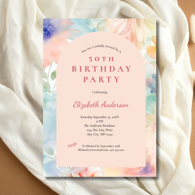 Invitation Arc Floral Moderne Rose Pastel 50e Anniversaire El (Pastel Pink Floral Elegant 50th Birthday party invitation for he. Printed or Digital Download)