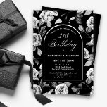 Invitation Arc floral noir blanc Rose 21e anniversaire<br><div class="desc">Un motif floral rose noir et blanc très élégant crée un modèle d'invitation de 21e anniversaire. Texte blanc et calligraphie sont encadrés par une arche noire bordée de blanc. Disponible en stock ou en téléchargement numérique. Cet article fait partie de la Collection Florale de Rose Noire et Blanche. il contient...</div>