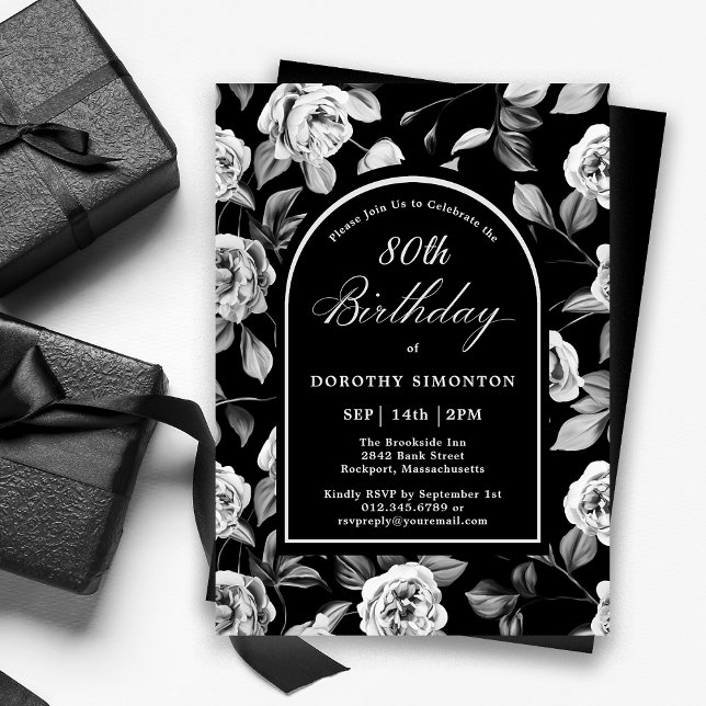 Invitation Arc floral noir blanc Rose 80e anniversaire (Créateur téléchargé)