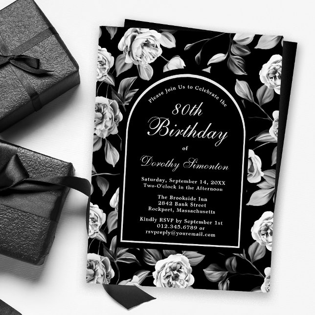 Invitation Arc floral noir blanc Rose 80e anniversaire (Créateur téléchargé)