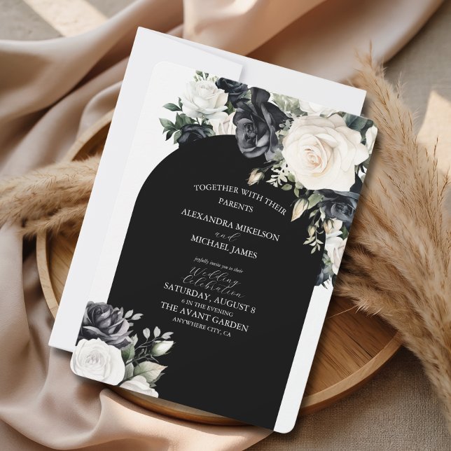 Invitation Arc floral noir et blanc Élégant mariage (Créateur téléchargé)