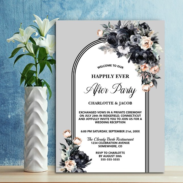 Invitation Arc floral noir gris Mariage après la fête (Créateur téléchargé)