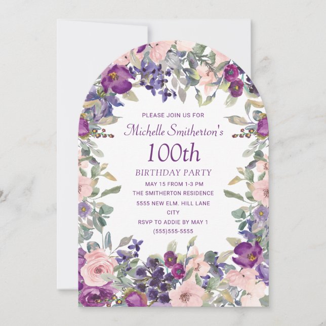 Invitation Arc floral rose violet pour 100e anniversaire  (Devant)