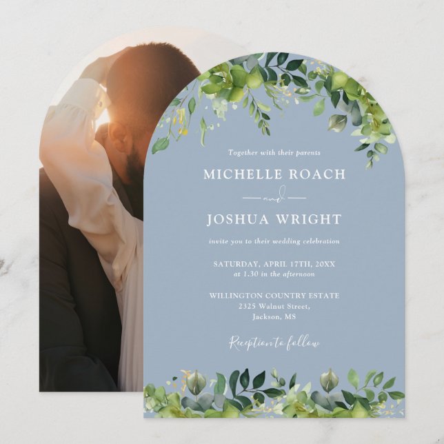 Invitation Arc floral vert Dusty Blue Photo Mariage (Devant / Derrière)