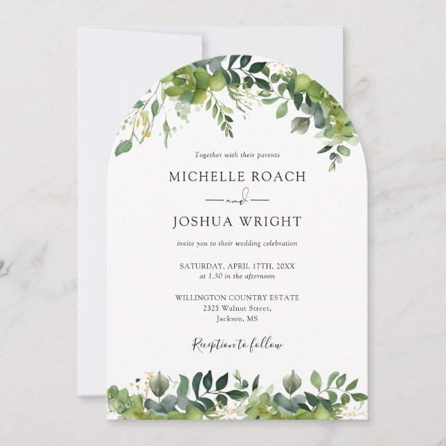 Invitation Arc floral vert moderne QR Code Mariage (Devant)