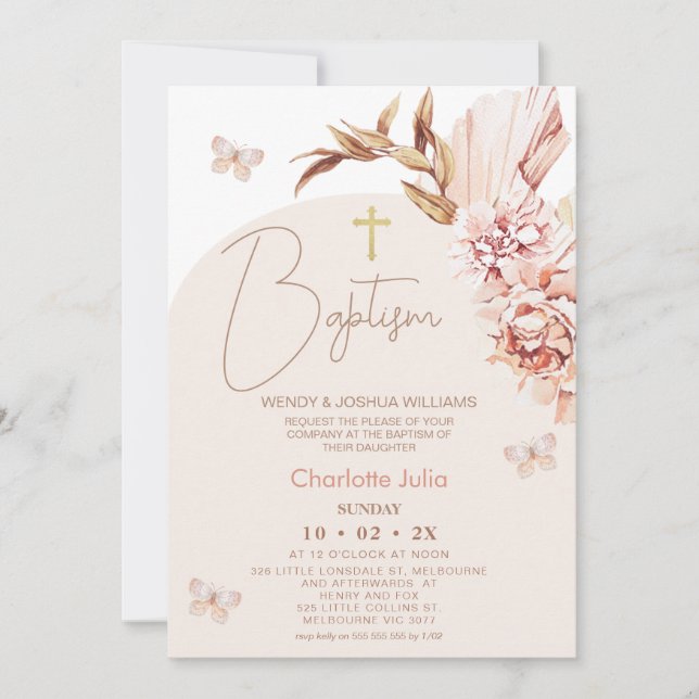 Invitation Arc flou moderne Boho Floral Baptême (Devant)