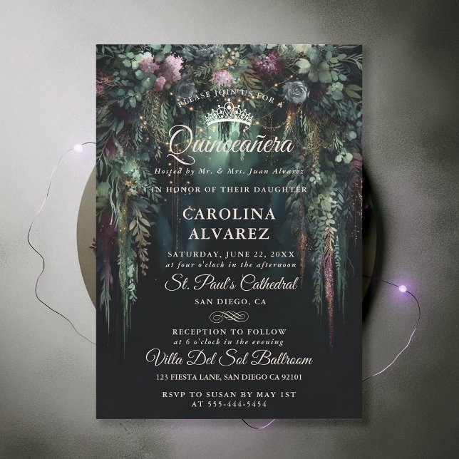 Invitation Arc forestier enchanté Fairytale Church Quinceañer (enchanted forest quinceanera emerald green mauve purple arch woodland fairy tale faerie church )