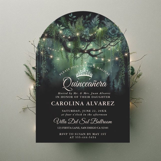 Invitation Arc forestier enchanté Fairytale verte Quinceañera (enchanted forest quinceanera emerald green boho arch woodland fairy tale magic invitation)