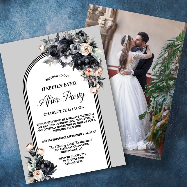 Invitation Arc gris floral noir Mariage après la fête (Créateur téléchargé)