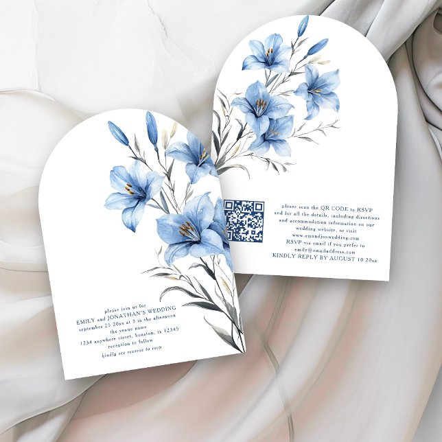 Invitation Arc Mariage de code QR Florals bleu moderne (Front and back view)
