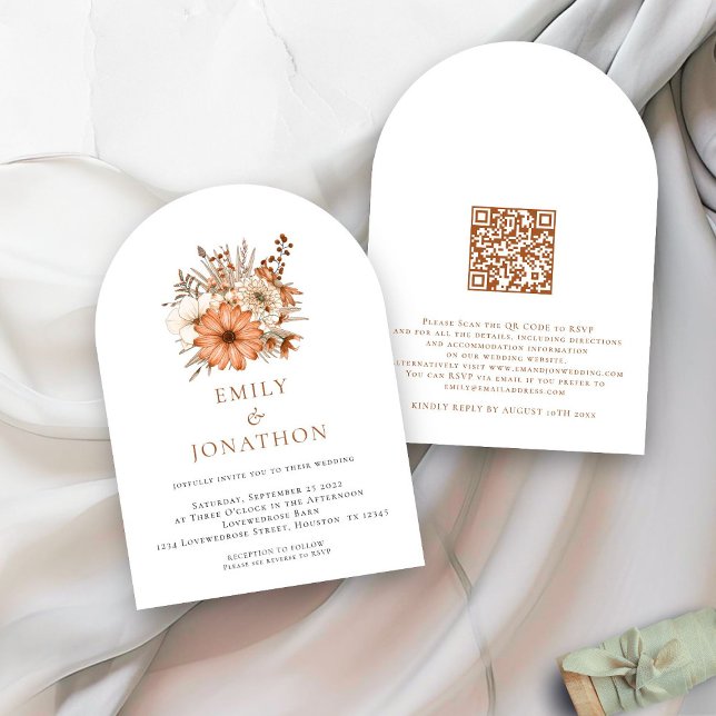 Invitation Arc Mariage de code QR Florals d'automne moderne (front and back view)