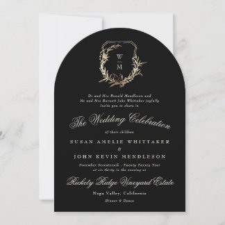 Invitation Arc Mariage de couronne d'or de monogramme noir