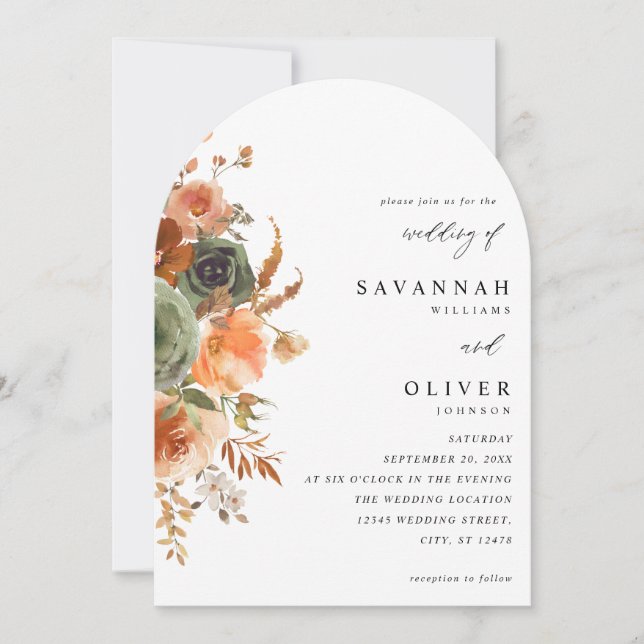 Invitation Arc Mariage fleuri Green & Terra Cotta (Devant)