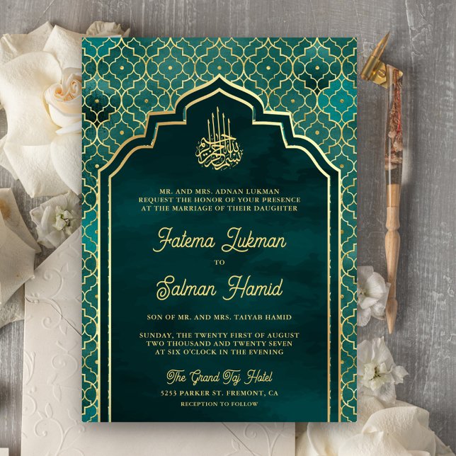 Invitation Arc marocain musulman de mariage sarcelle or (Créateur téléchargé)