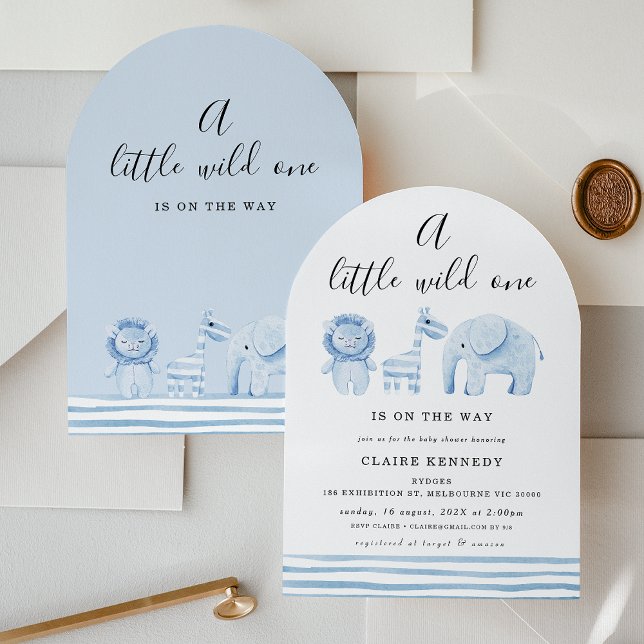 Invitation Arc moderne bleu Safari Wild Un Baby shower (Modern Boys Arch Safari Wild One Baby Shower Invitation, Safari Animals, A Wild One Is On The Way)