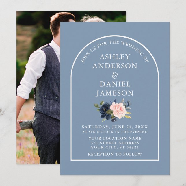 Invitation Arc moderne Dusty Blue Rose Floral Mariage photo (Devant / Derrière)