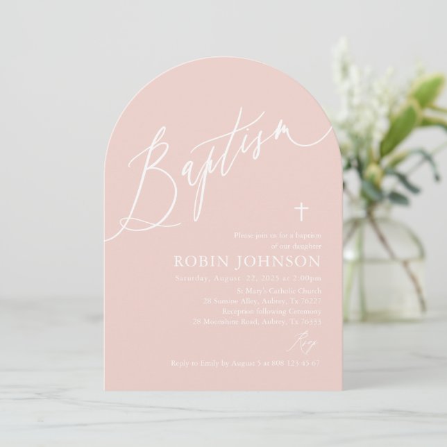 Invitation Arc Moderne Dusty Croix rose Baby Girl Baptism (Debout devant)