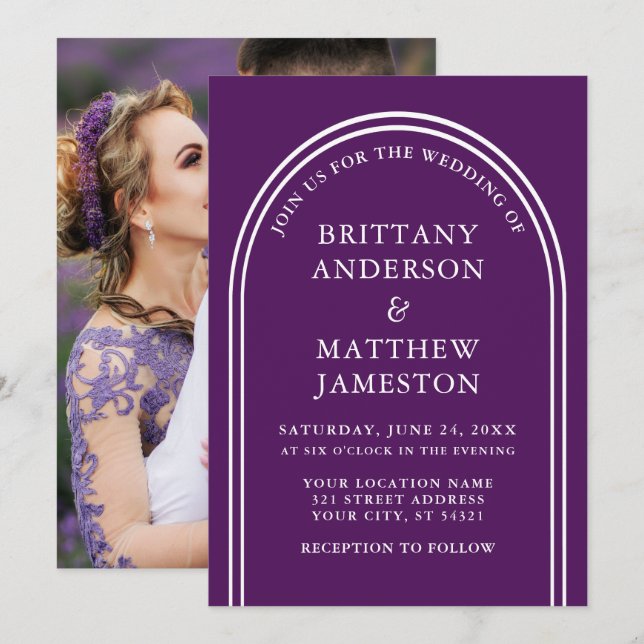 Invitation Arc moderne élégant Mariage violet photo (Devant / Derrière)