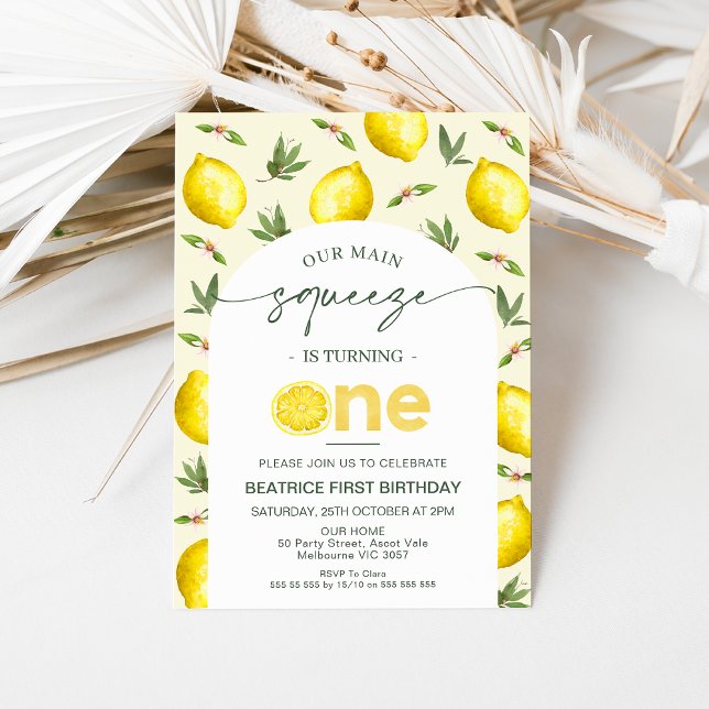 Invitation Arc Moderne Lemon Notre Squeeze Principal 1er Anni (Our MAIN SQUEEZE 1st Birthday Invitation Modern Arch Lemonade Birthday Party Invitation Lemons)