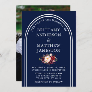 Invitation Arc moderne Mariage Bourgogne Floral Photo Bleu