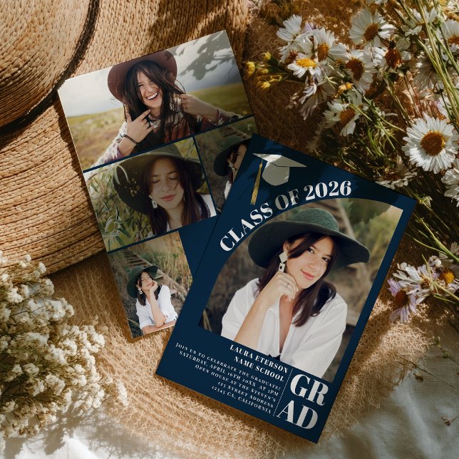 Invitation Arc moderne marine bleu 5 photos graduation (Modern arch navy blue 5 photos graduation invitation)