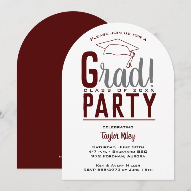 Invitation Arc moderne Maroon et Grey Graduation Party (Devant / Derrière)