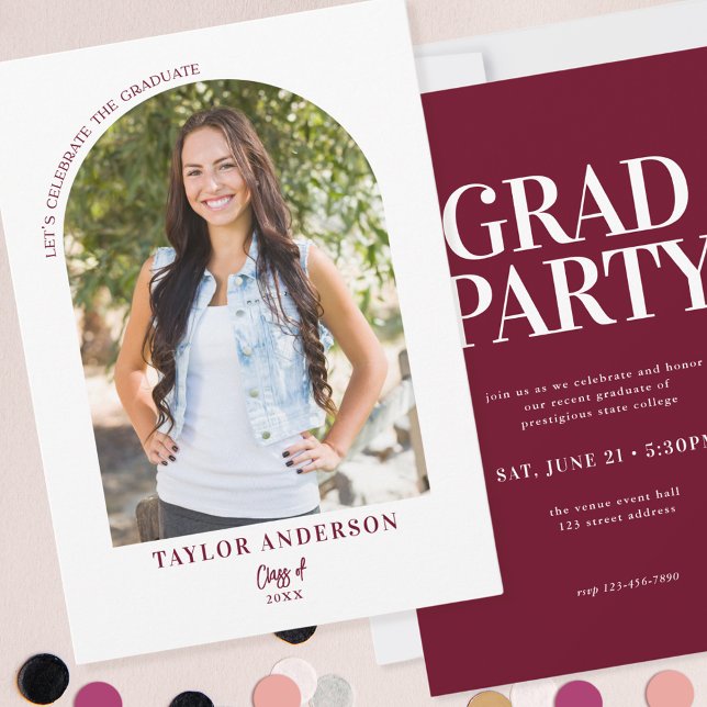 Invitation Arc moderne photo Burgundy Graduation Party (Créateur téléchargé)