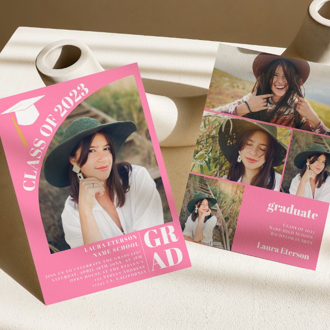 Invitation Arc moderne rose 5 photos graduation (Créateur téléchargé)
