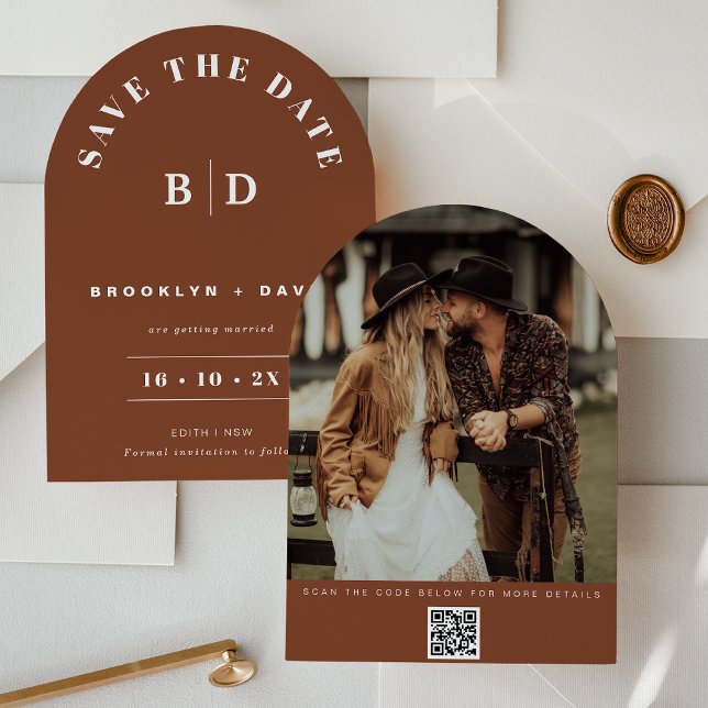Invitation Arc Moderne Terracotta Mariage Enregistrer La Cart (Modern Terracotta Save The Date, Arch Terracotta Wedding Save The Date Card, Couples Photo, QR code )