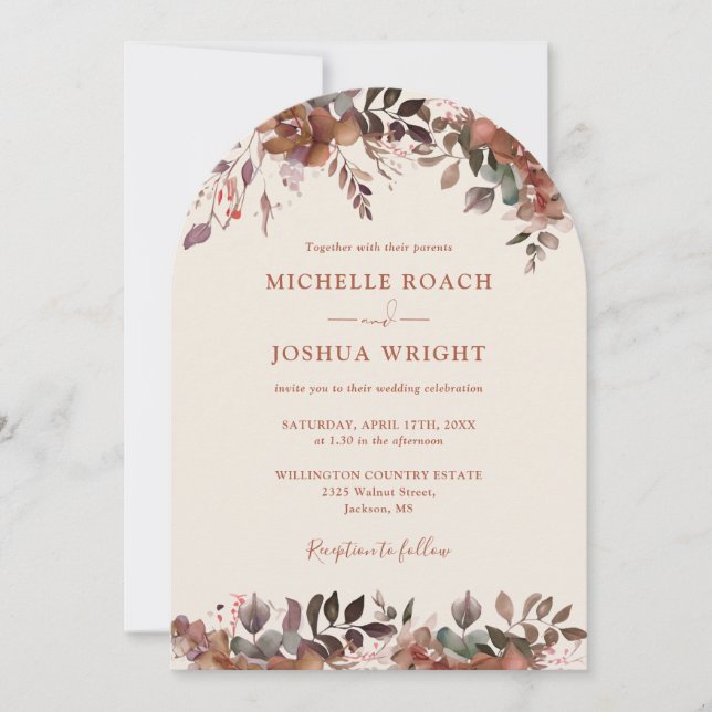 Invitation Arc Monogramme Floral Rustique Mariage Automne (Devant)