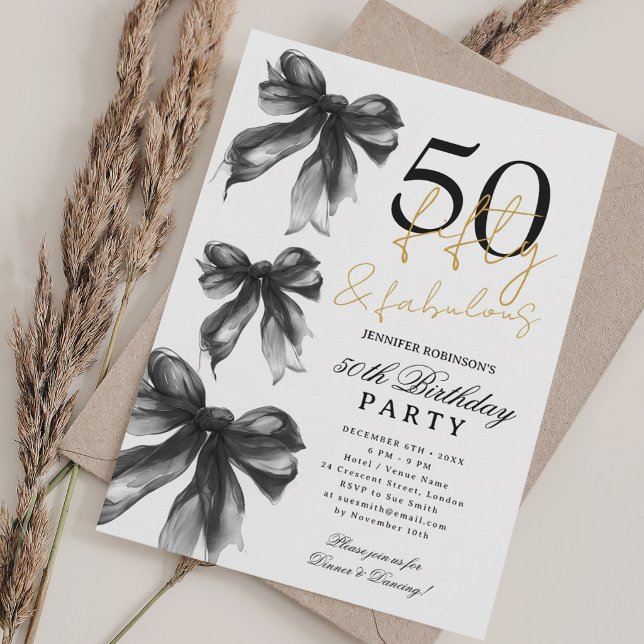 Invitation Arc noir à nœud coquet 50 & Fête d'anniversaire fa (Black Coquette Bow 50 & Fabulous Birthday Party Invitation)