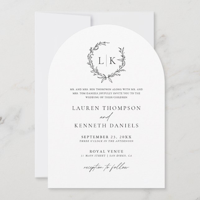 Invitation Arc noir blanc Monogramme QR Code Mariage classiqu (Devant)