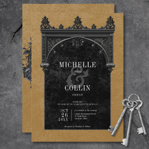 Invitation Arc noir gothique et Rose noir Mariage or